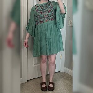 Umgee Green Embroidered Mini Dress